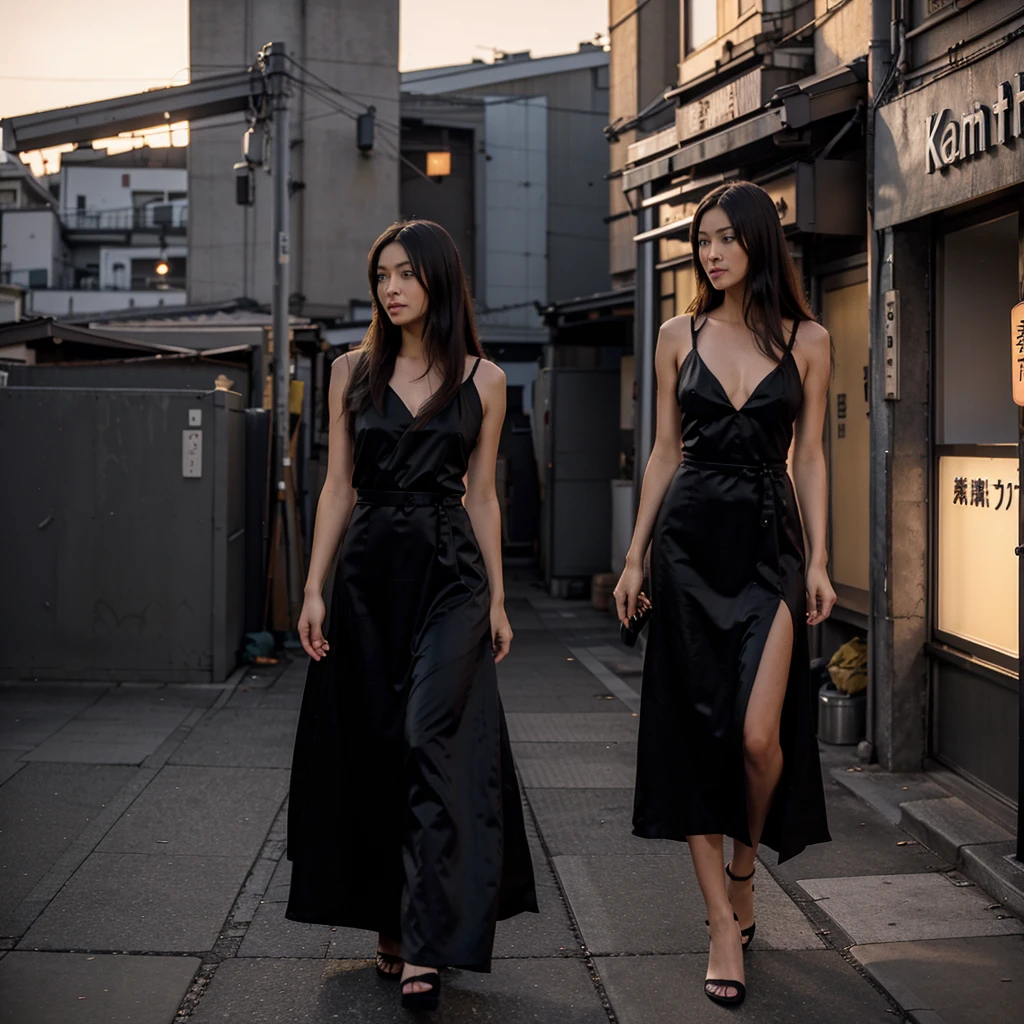 Female supermodel. Satin black evening dress. Dim, soft lighting. Sunset. Sunset. Kappabashi Kitchen Tools Street, Tokyo, Japan.