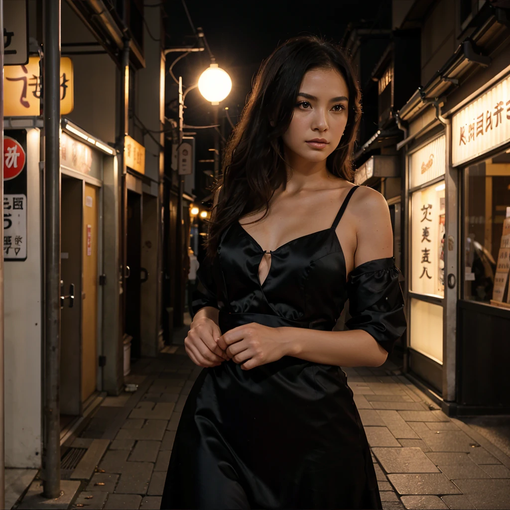 Female supermodel. Satin black evening dress. Dim, soft lighting. Sunset. Sunset. Kappabashi Kitchen Tools Street, Tokyo, Japan.