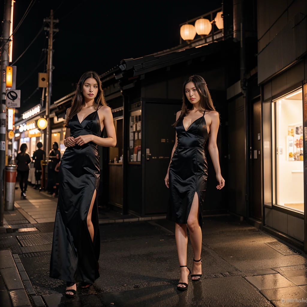Female supermodel. Satin black evening dress. Dim, soft lighting. Sunset. Sunset. Kappabashi Kitchen Tools Street, Tokyo, Japan.