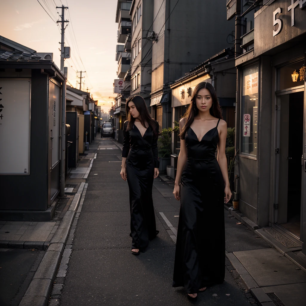Female supermodel. Satin black evening dress. Dim, soft lighting. Sunset. Sunset. Kappabashi Kitchen Tools Street, Tokyo, Japan.
