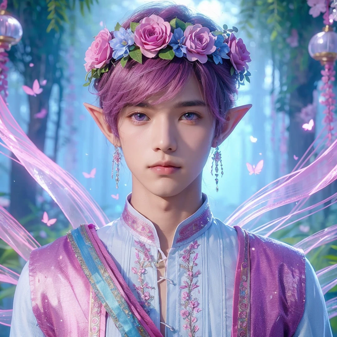 handsome male teen, pink hair, pink eyes, wearing purple and light blue flower crown, wearing pink barong tagalog, elf ear, "surrounded by light blue, pink, and purple light, magic forest background