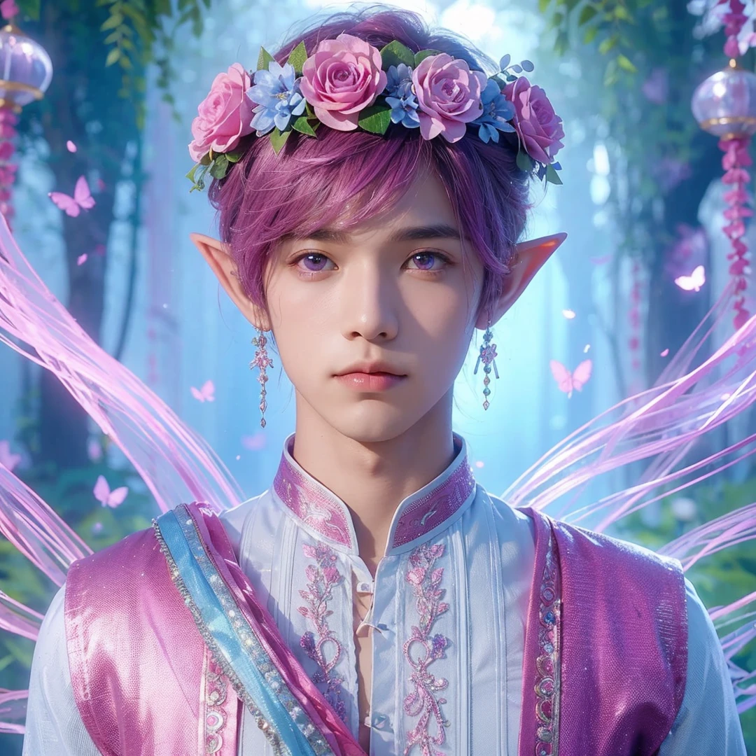 handsome male teen, pink hair, pink eyes, wearing purple and light blue flower crown, wearing pink barong tagalog, elf ear, "surrounded by light blue, pink, and purple light, magic forest background
