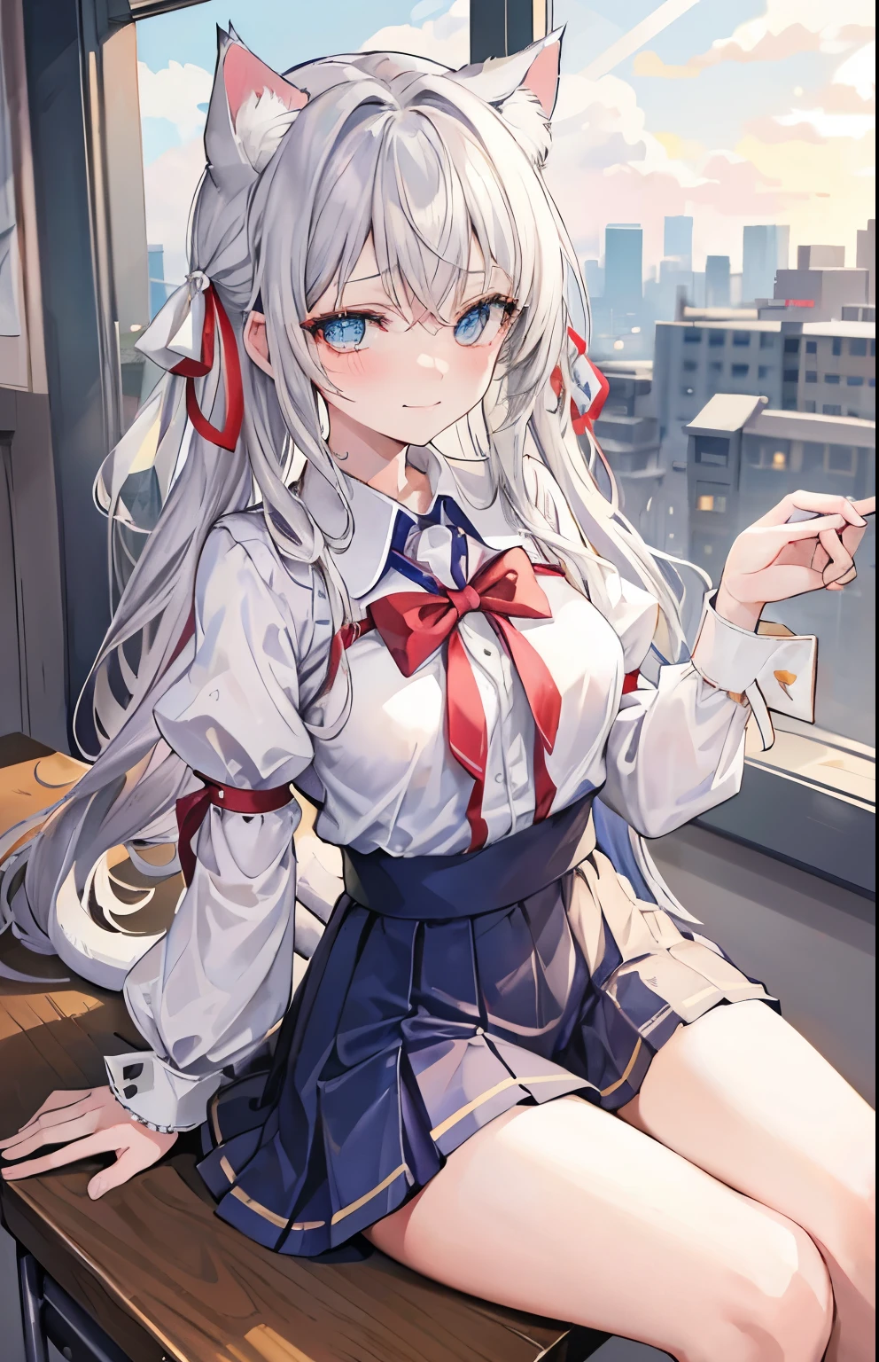 1girl,  alisa mikhailovna kujou,tokidoki bosotto roshia-go de dereru tonari no arya-san,solo, long hair, eyebrows visible through hair, hair between eyes, silver hair, hair ribbon, blue eyes,visible pupils, eyes reflexes, medium breasts, ((neko ears)), ((cat ears)) 
from behind, portrait, looking to the side, horny smile, closed mouth, lights and sunflare from the lateral rear window, 
best quality, very aesthetic, absurdres, scenery at school, extremely cute and sexy, sitted on a desk, spread legs 