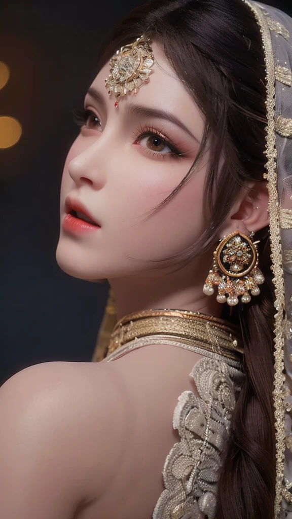 Beautiful face, Indian bride, intense makeup, skin texture, hyper detailed, cleavage