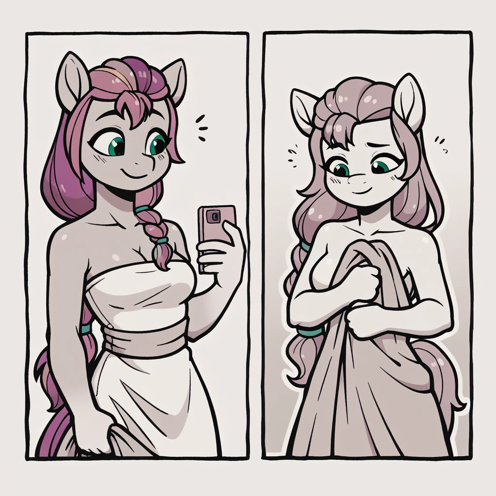 score_9_presence, score_8_up, Sunny Starscout, earth pony, mlp, G5, wrapped in towel, medium breasts, holding phone