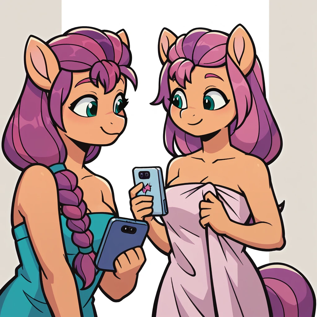 score_9_presence, score_8_up, Sunny Starscout, earth pony, mlp, G5, wrapped in towel, medium breasts, holding phone