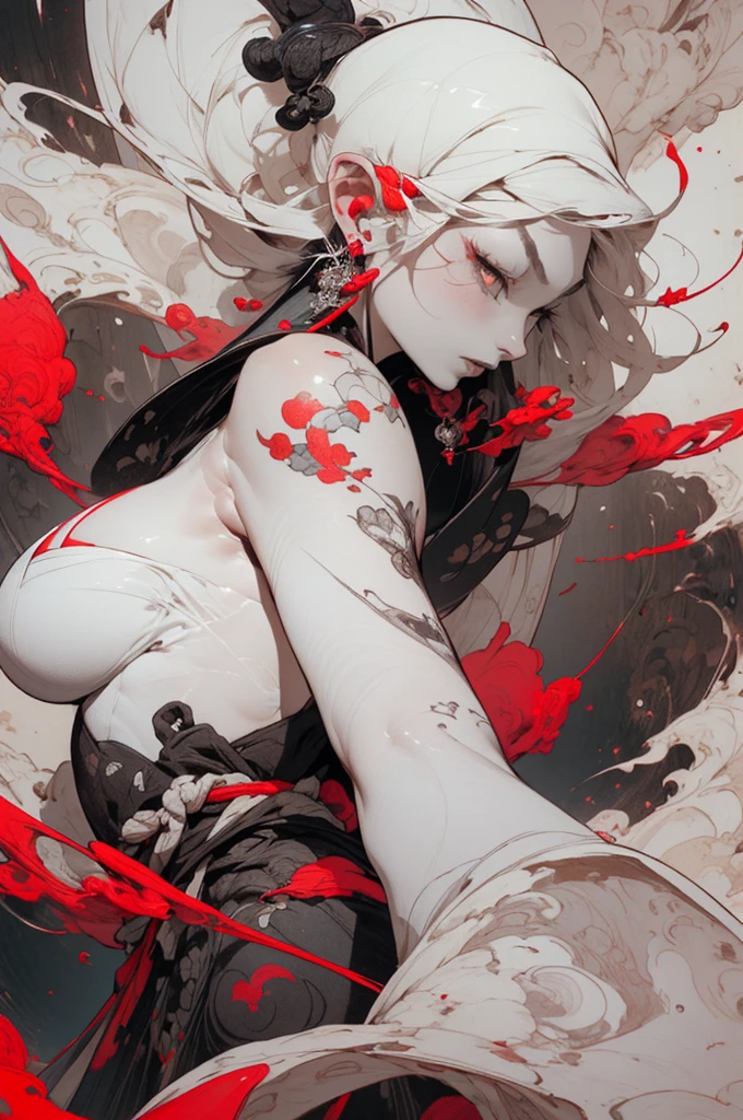 (masterpiece, top quality, best quality, official art, beautiful, cosmic, atmospheric, psychedelic, dreamlike and aesthetic, swirling psychedelic cosmic graffiti patterns:1.2), (1girl), extreme detailed,(fractal art:1.3),colorful,highest detailed, "(Best Quality, 8K, 32K, masutepiece:1.3), Ultra-detailed, (Photorealistic:1.4), pink and white colors, perfect color scheme, albino, Punk rock Girl, Detailed moonlight eyes, Upper body, Luxurious punk hair, Edgy Harajuku-inspired punk rock fashion, super huge enormously gigantic , cleavage showing, Avant-garde makeup, Numerous piercings, Heavily tattooed body, Barefoot woman(30-years old) , (fair white skin:1.7)、(Big dragon background)、(White smoke)、(two swords)、(abnormally large breasts)、(Red smoke around the body:1.7)、Bare shoulders, Double eyelids、Parted lips,Solo,(cleavage)、delicate and sexy(clavicle:1.3), (Shiny skin:0.8),(masutepiece:1.4),(Best Quality:1.4),glossy red lips, Perfect Abs, Wet(full of sweat)、low angles, (from below angle), High detailed skin, Skin pores,(Katsushika Hokusai-style background)