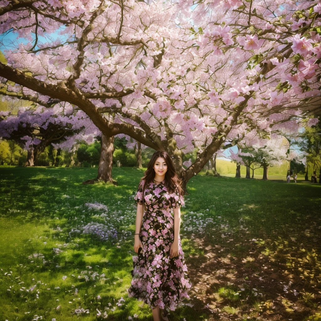 a woman standing under a tree in a park with a bird on it, wearing a long flowery dress, with a tree in the background, standing in a field with flowers, standing in flower field, in a park, next to a tree, with a park in the background, wearing a long dress, in the park, standing in a botanical garden, at a park, navel, sexy navel, close up shot