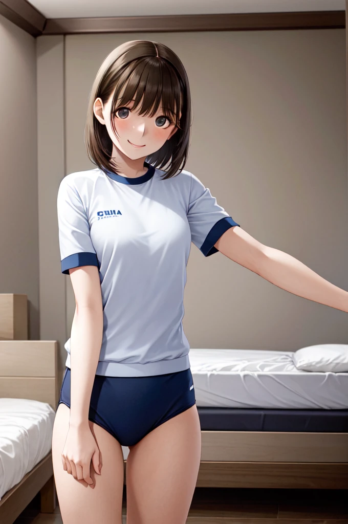 masterpiece, best quality, highres, aanene, short hair, buruma,gym uniform, standing, cowboy shot, bed room, smile,steam,