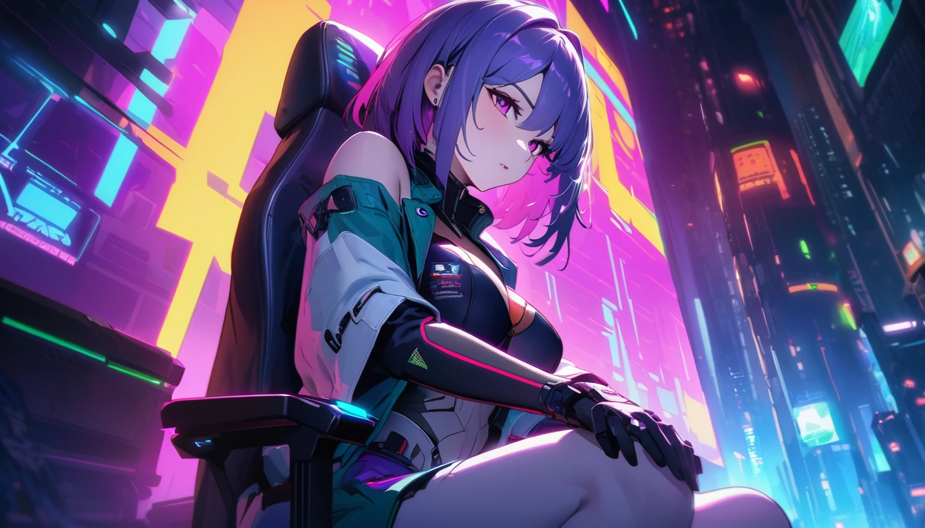 шедевр, Лучшее качество, 1 девушка, anime girl with purple hair sitting on a chair in front of a space ship, oppai cyberpunk, cyberpunk anime art, anime cyberpunk art, digital cyberpunk - anime art, digital cyberpunk anime art, cyberpunk anime girl, anime cyberpunk, female cyberpunk anime girl, digital cyberpunk anime!!, cyberpunk anime girl mech, smooth anime cg art, cyberpunk beautiful girl, detailed digital anime art, dreamy cyberpunk girl, cyberpunk girl, modern cyberpunk anime, detailed anime artwork, anime art wallpaper 4k, anime art wallpaper 4 k, ( ( cyberpunk ) )、высшее качество、Высочайшие стандарты、Высочайшее качество изображения、стол、сложные детали、высокое разрешение、Глубина поля、естественный мягкий свет、профессиональное освещение、О, стоя, very длинные волосы, ковбойский выстрел, блестящий, блестящий hair, (ночь:1.2),мечтательный, [[нежные пальцы и руки:0.55]::0.85],(детальные пальцы),),(эмоциональный),(захватывающий),(основная часть:1.2) все тело.), (Anime Style), (Super Detailed), (Brutal), (UHD, HDR), (8K), (High Resolution: 1.2), (Complex and Beautiful: 1.2)