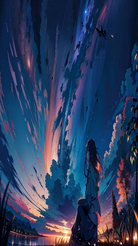 Anime girl sitting on the ground looking at the sky, Anime Sky, beautiful anime scenes, Watching the sun set. Japanese cartoon, sitting on the cosmic cloudscape, Cosmos Sky. author:Shinkai sincerely, anime backgrounds, makoto shinkai cyril rolando, anime wallpaper, Anime beautiful peaceful scene, Beuatiful anime, 4k anime wallpapers, Anime art wallpaper 4k