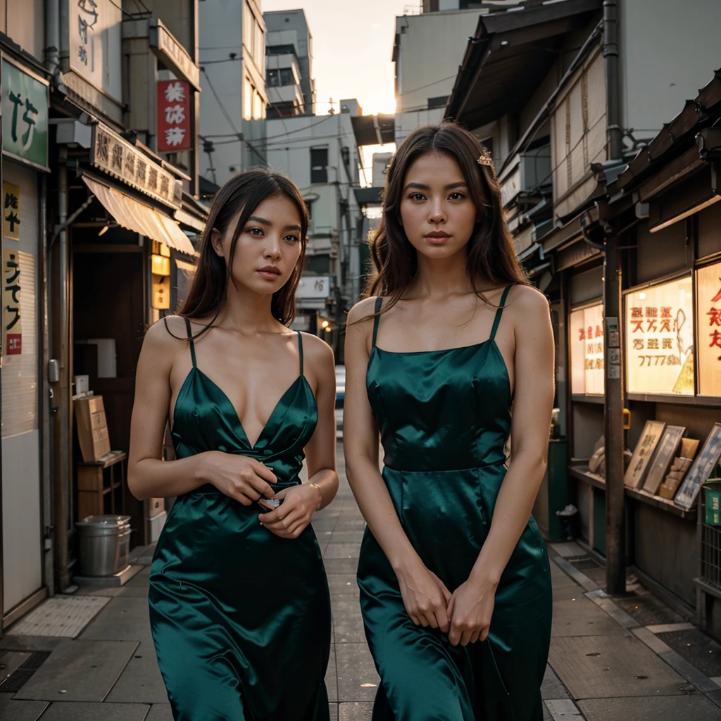 Female supermodel. Satin green evening dress. Dim, soft lighting. Sunset. Sunset. Kappabashi Kitchen Tools Street, Tokyo, Japan.