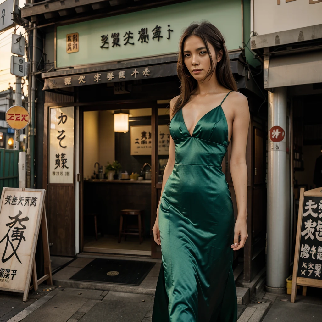 Female supermodel. Satin green evening dress. Dim, soft lighting. Sunset. Sunset. Kappabashi Kitchen Tools Street, Tokyo, Japan.