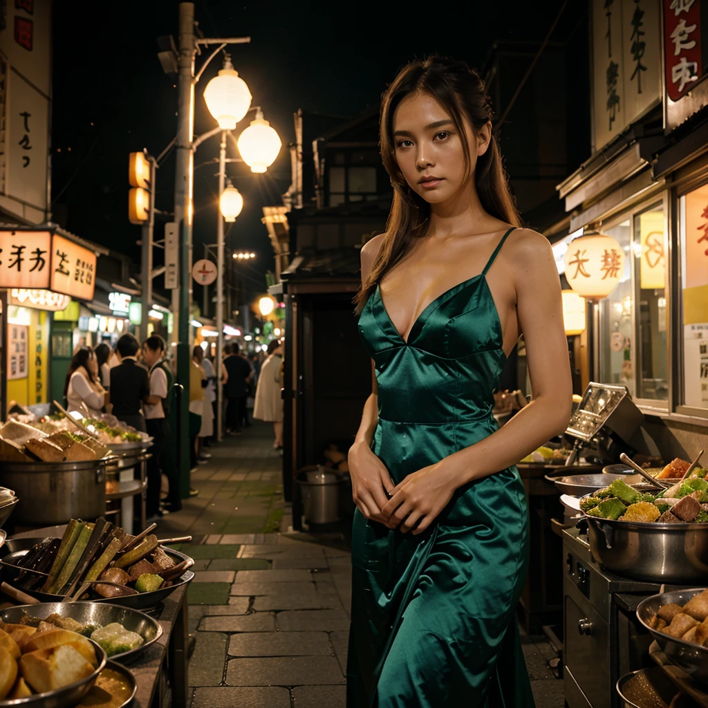 Female supermodel. Satin green evening dress. Dim, soft lighting. Sunset. Sunset. Kappabashi Kitchen Tools Street, Tokyo, Japan.