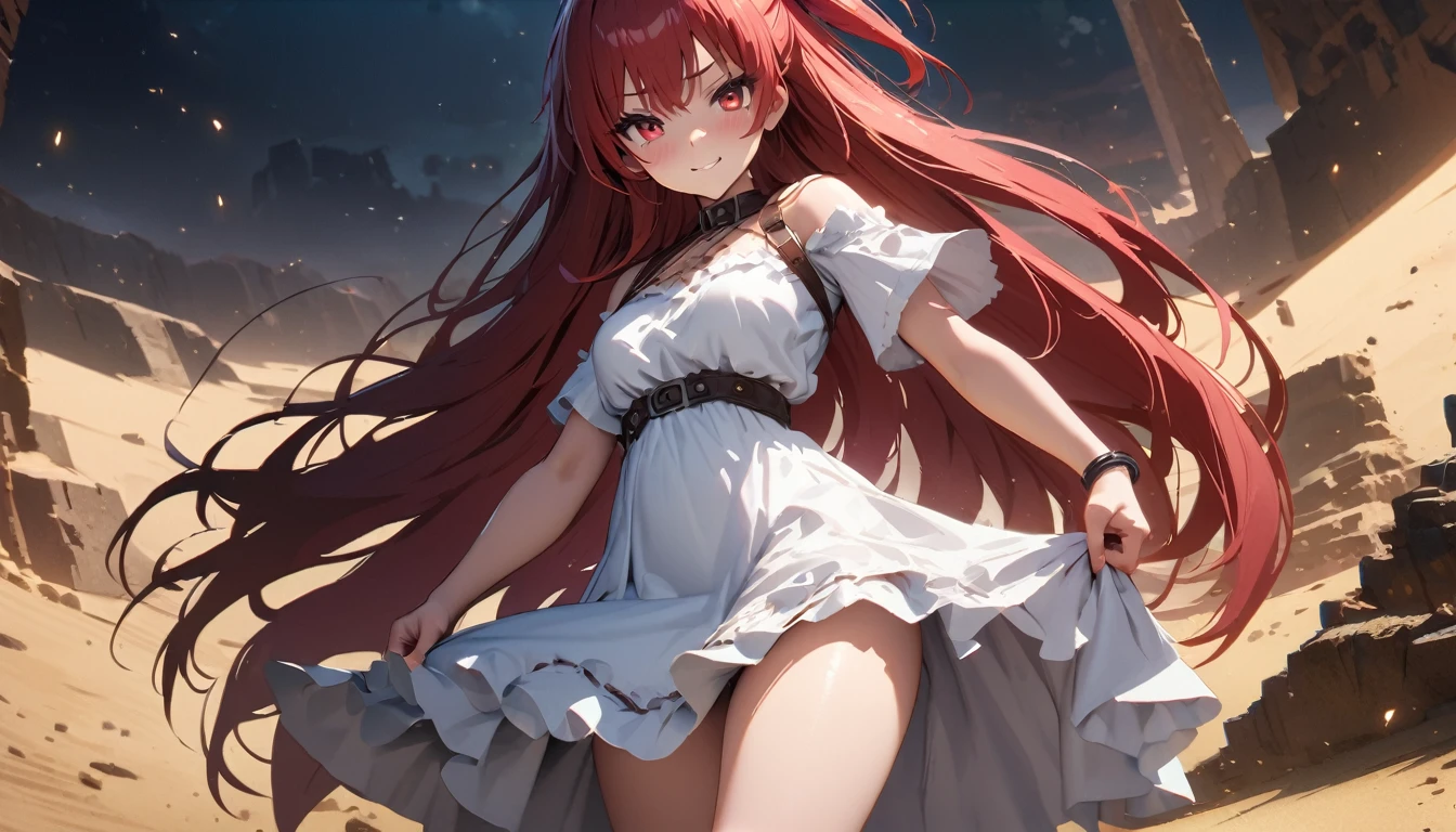 masterpiece, Best quality, 1 girl, Morgiana slave, cowboy shot, torn white dress, in a white tunic to the knee, filthy, Red eyes, one side up, Red hair, chains, desert ruins, Desert background, sand, disgust, Looking at the viewer, bottom view,  Looking at the viewer, smile, ., High view, particles and hard light, cut corner. depth of field、natural soft light、professional lighting、aboutтличная smile、(highly detailed skin: 1.2)、Photorealistic render of an anime girl、Bright highlights of the eyes、Ideal Anatomy、、permission 8k、complex parts、Toned waist、Wide buttocks、Эффект Тиндаллаmasuter piece、top quality、Highest standards、Highest image quality、table、complex parts、A high resolution、depth of field、natural soft light、professional lighting、about, standing, very long hair, cowboy shot, brilliant, brilliant hair, (night:1.2),Dreamy, [[gentle fingers and hands:0.55]::0.85],(detailed fingers),),(emotional),(breathtaking),(main part:1.2) whole body.), (Anime Style), (Super Detailed), (brutal), (uhd, HDR), (8K), (High Resolution: 1.2), (Complex and Beautiful: 1.2)