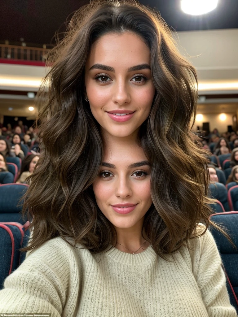 Capture a stunning 29-year-old UK woman, in the Cinema, watching movie, people in the background, wearing a sweater and jeans, Her hair is a rich brunette with subtle highlights, styled in luscious waves that frame her face beautifully. She has striking green eyes that contrast with her brown hair, adding a touch of mystery and allure. The photo should exude confidence and elegance, highlighting her natural beauty and captivating presence, cup size 34D(tetas grandes), made by iPhone, whitened teeth,