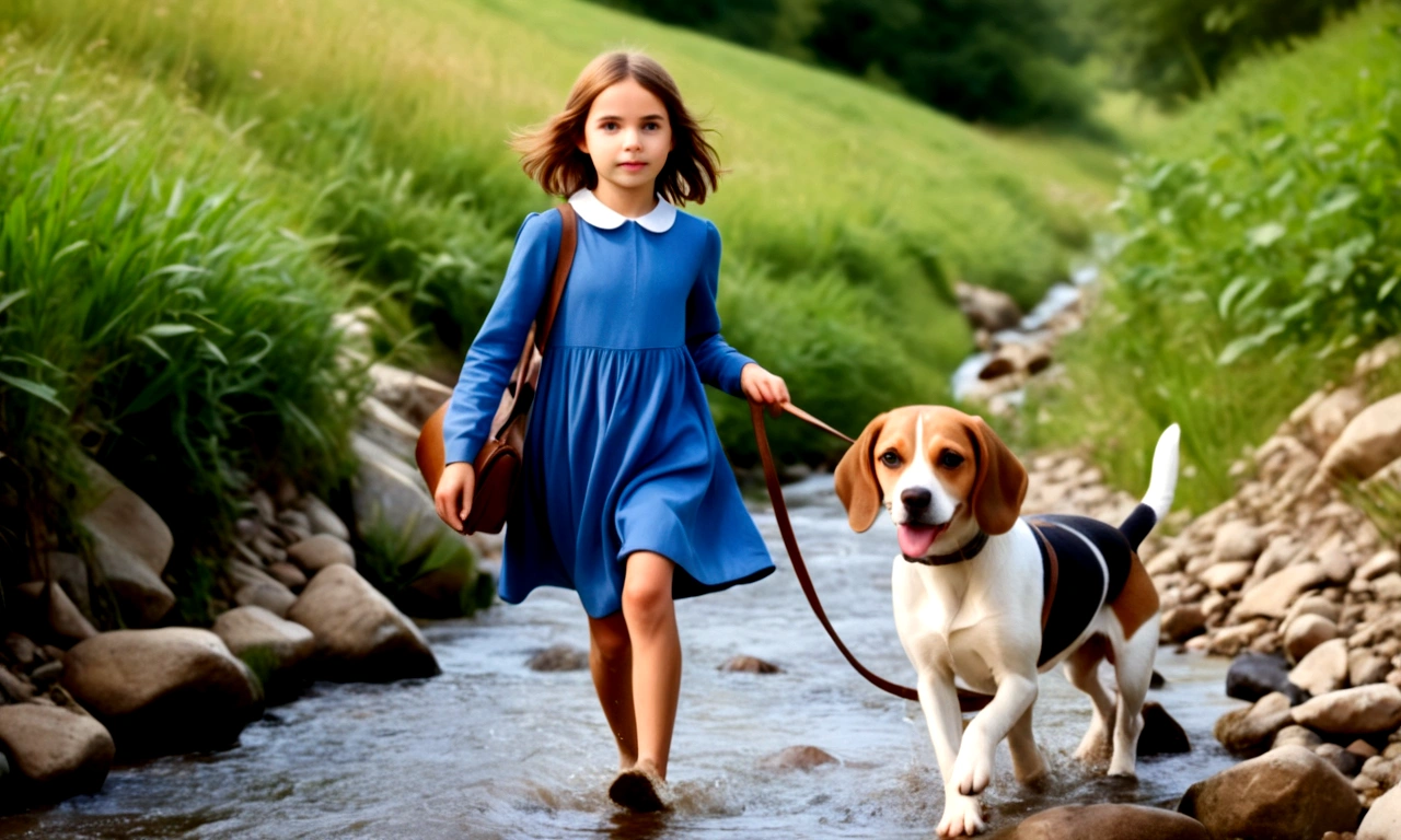 A young girl (( very young)), brown hair and blue dress,(( glad)),  crossing a stream and climbing a hill,  a leather bag.  By his side a brown and white beagle.