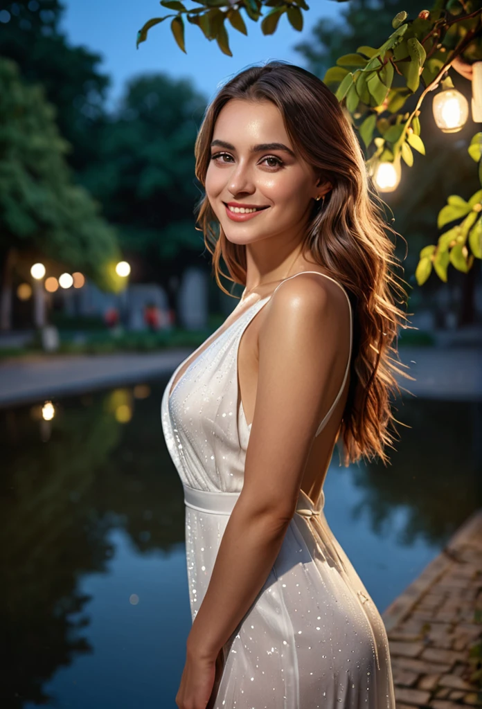 a beautiful young woman with long smooth wet brown hair, standing in a night scene in Odessa, Ukraine, smiling and looking over her shoulder, wearing a revealing white dress, with detailed facial features and a perfect figure, standing by a pond under the chestnut trees, with an elegant and confident Instagram-style pose, (best quality, 4k, 8k, highres, masterpiece:1.2), ultra-detailed, (realistic, photorealistic, photo-realistic:1.37), HDR, UHD, studio lighting, ultra-fine painting, sharp focus, physically-based rendering, extreme detail description, professional, vivid colors, bokeh, portrait, movie, complex details