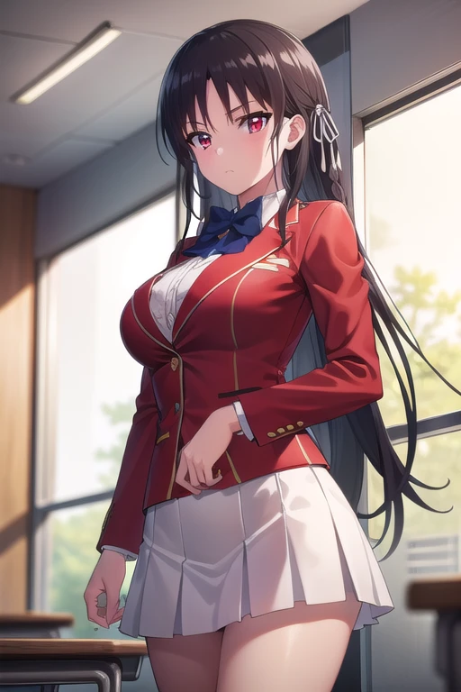nsfw,Suzune Horikita, suzune horikita, Long Hair, Black Hair, (Red eyes:1.3), Hair Ribbon, Braiding,
break bow, , Jacket, bow tie, blue bow tie, blazer, (red blazer:1.5), skirt, white skirt,
break indoors, classroom,
break looking at viewer, (Cowboy Shot:1.5),
break (masterpiece:1.2), Highest quality, High resolution, unity 8k wallpaper, (figure:0.8), (Beautiful attention to detail:1.6), Highly detailed face, Perfect lighting, Highly detailed CG, (Perfect hands, Perfect Anatomy),