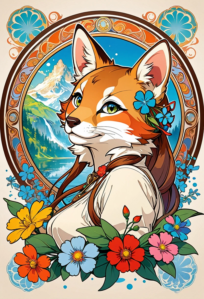 top quality, best quality, poster, rzminjourney, vector-art, High-quality illustrations by Alfons Mucha, masterpiece(kemono, furry anthro)logo mark, round, colorful ink splash flower,