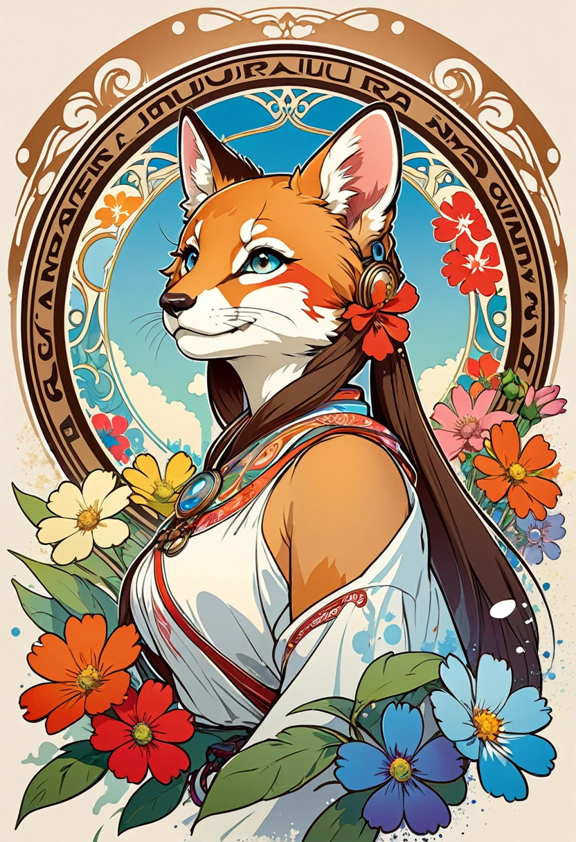 top quality, best quality, poster, rzminjourney, vector-art, High-quality illustrations by Alfons Mucha, masterpiece(kemono, furry anthro)logo mark, round, colorful ink splash flower,