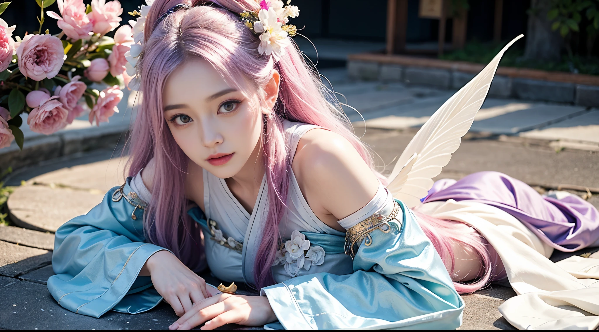 Close-up of woman in costume,Beautiful celestial magician,Amazing young ethereal figure,shaxi,Flowing magic robe,White Hanfu,xianxia fantasy,belle delphine,Ethereal fantasy,Elegant and charming role play,Half lying on the ground,Feminine and colorful,It's a mess,Night view,Lots of neon