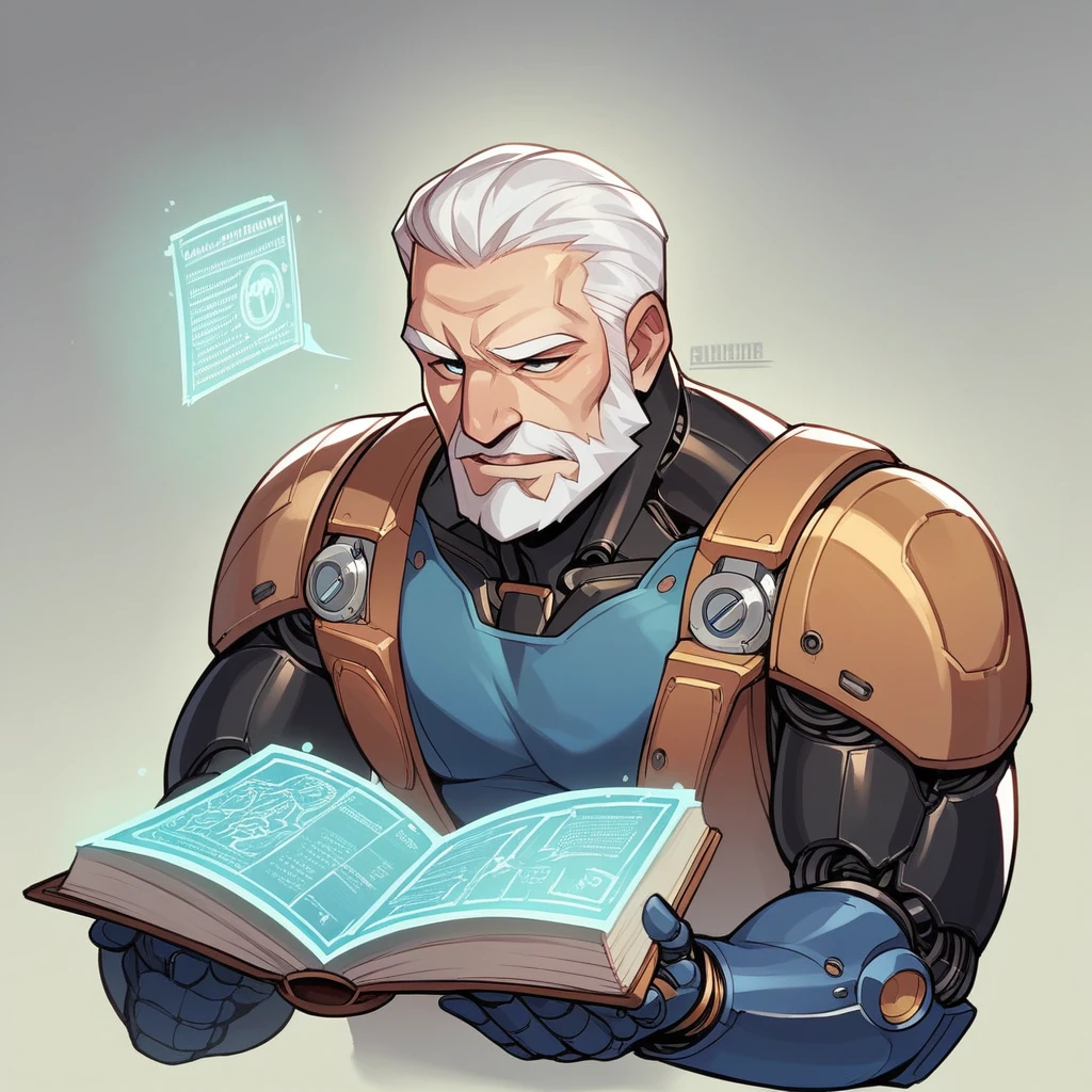Create a high-resolution, ultra-detailed, hyper-realistic image of an old man with a long white beard reading an open book. The man should appear in the foreground, with half of his body designed like a futuristic robot, incorporating robotic elements such as metal joints and circuits. The book should be detailed and open, with bright holographic text and images. The background should be subtly blurred to keep the attention on the man and the book. Use dramatic lighting to highlight the contrast between the human and robotic elements, and include soft glows in the holographic book
