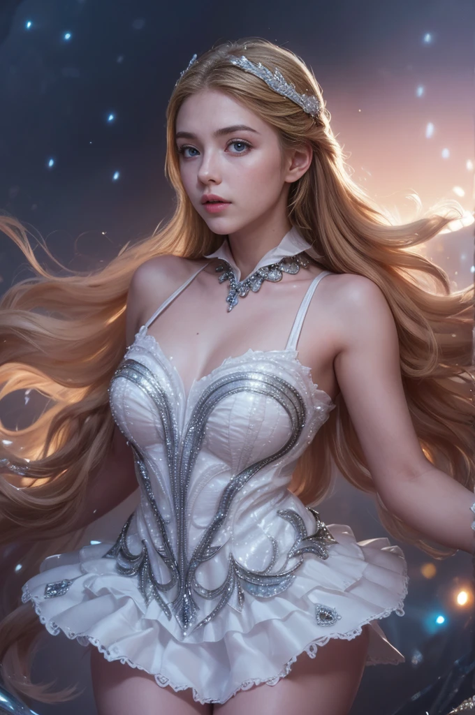 a beautiful young woman, Odette from Mobile Legends, elegant ballet dancer, long flowing white dress, graceful poses, enchanting blue eyes, delicate facial features, flowing silver hair, serene expression, glowing crystalline wings, ethereal and magical atmosphere, intricate fantasy background, shimmering lights, soft pastel colors, cinematic lighting, highly detailed, photorealistic, 8k, masterpiece