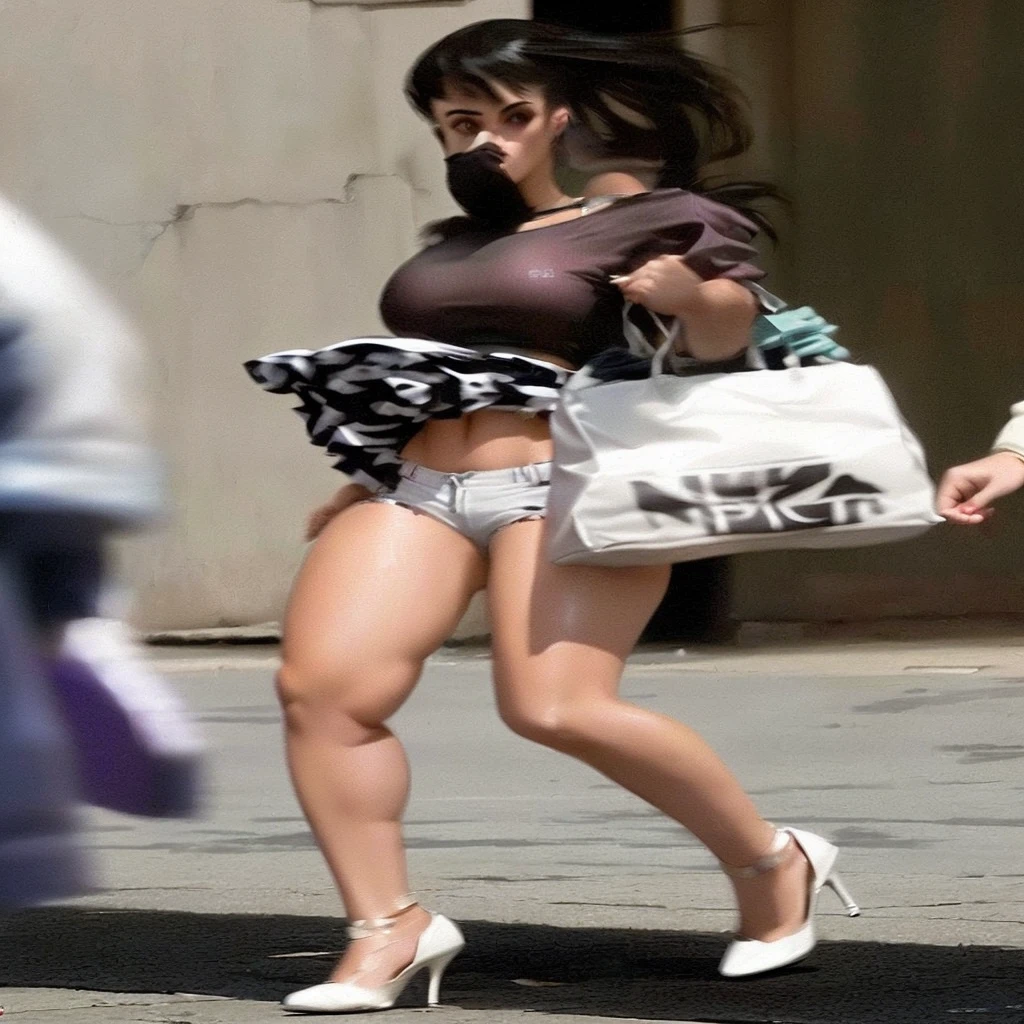 araffe woman in high heels walking down the street with a bag, exposed midriff, uhd candid photo of dirty, bra and shorts streetwear, exposed thighs, exposed thighs!!!, katy perry wearing old clothes, muscled mila kunis, looks like christina ricci, her belly button is exposed, dua lipa, emma watson wearing a swimsuit