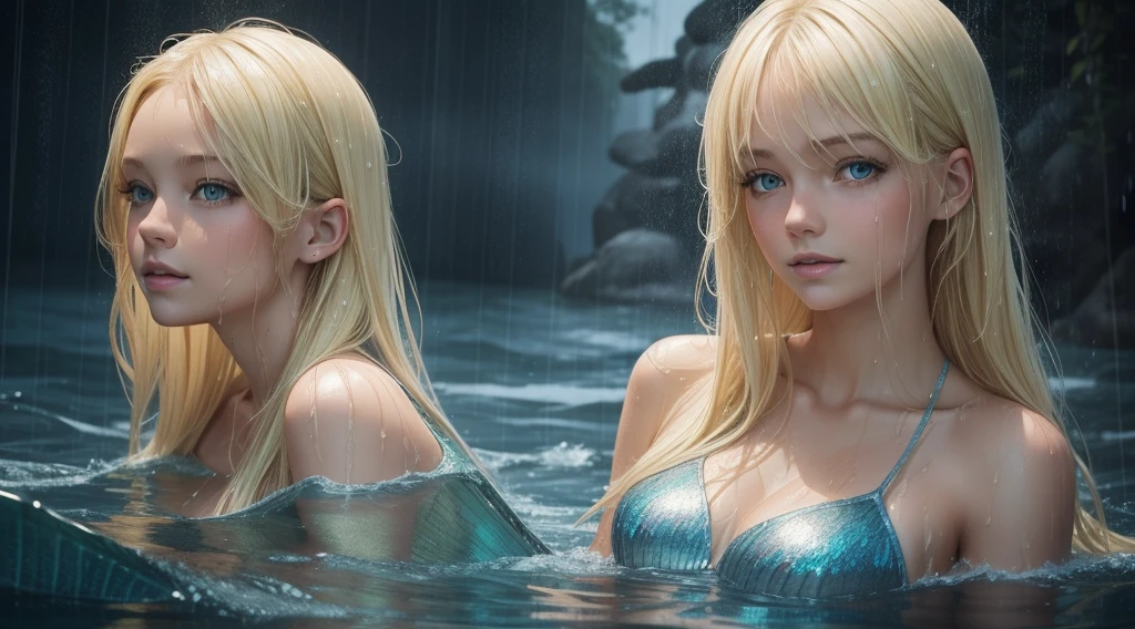 a BLONDE girl with a wet head, raining portrait, Mermaid Wings Mermaid