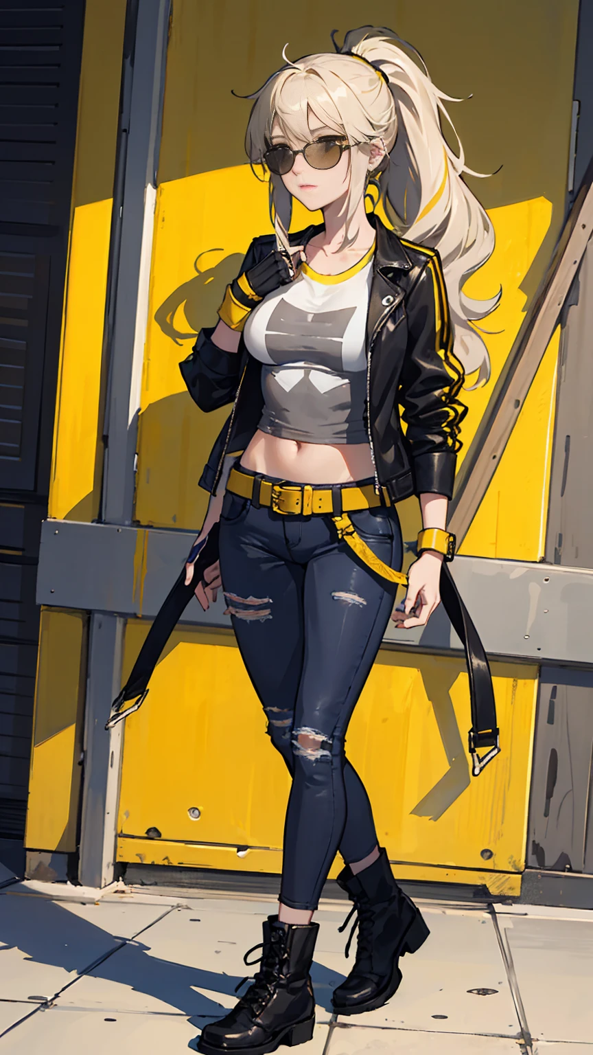 Long, wavy blonde hair styled in loose waves or tied back in a high ponytail.
Eyes: Hidden behind yellow-tinted aviator sunglasses.
Outfit: A grey leather jacket with yellow accents—such as yellow stripes along the arms or a bold yellow patch on the back.
Top: A grey graphic tee or tank top with a minimalist yellow design or logo.
Bottoms: Dark grey ripped jeans or black leather pants with yellow stitching or subtle yellow details.
Footwear: Grey combat boots with yellow laces or detailing.
Accessories: A black leather belt with a yellow buckle, and grey fingerless gloves with yellow trim.
Gear: A grey helmet with a yellow stripe or pattern, either worn or held.
