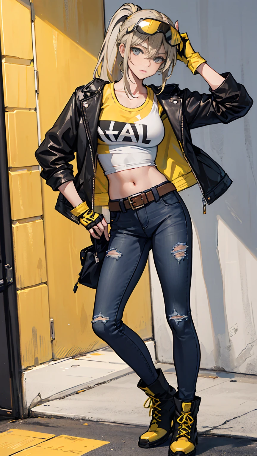 Long, wavy blonde hair styled in loose waves or tied back in a high ponytail.
Eyes: Hidden behind yellow-tinted aviator sunglasses.
Outfit: A grey leather jacket with yellow accents—such as yellow stripes along the arms or a bold yellow patch on the back.
Top: A grey graphic tee or tank top with a minimalist yellow design or logo.
Bottoms: Dark grey ripped jeans or black leather pants with yellow stitching or subtle yellow details.
Footwear: Grey combat boots with yellow laces or detailing.
Accessories: A black leather belt with a yellow buckle, and grey fingerless gloves with yellow trim.
Gear: A grey helmet with a yellow stripe or pattern, either worn or held.
