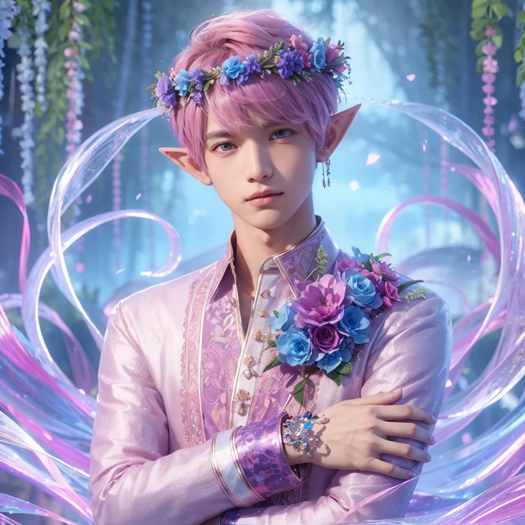 handsome male teen, pink hair, pink eyes, wearing purple and light blue flower crown, wearing pink barong tagalog, elf ear, "surrounded by light blue, pink, and purple light, magic forest background