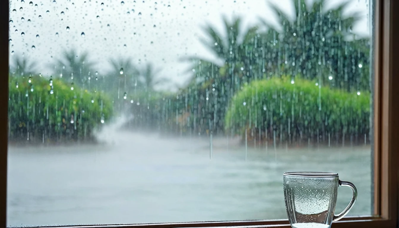 A beautiful seascape picture outside the window,Beautiful coastline,live action style,With romantic aesthetics,Beautiful light and shadow of afternoon sun,Natural Elements,The whole glass window is covered with rain .The fog is so thick that you can’t see the actual scene.Bokeh background outside window.No window frames .Close-up of partial rain on glass.Don’t have a real image in the background.As long as the bokeh effect.You can feel the raindrops flowing on the glass。Rain slides across the glass,Blurred the outside scene,Only the beauty of bokeh is left。This picture makes people feel peaceful、comfortable,It’s like being in a small world sheltered from the wind and rain。Adding a cup of steaming coffee to the window is a poetic image