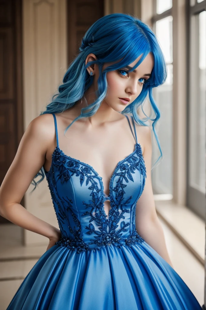 Full body of a Syrian WOMAN, light blue curly hair, various hair styles, silver French maid outfit with long sleeves and side cut skirt, big boobs, eyes happy look, looking at viewer, natural skin texture, 24mm, 4k textures, bright cinematic light, RAW photo, photorealism, photorealistic, intricate, elegant, highly detailed, sharp focus, ((((((cinematic look)))), soft tones, insane details, intricate details, hyperdetailed, low contrast, soft cinematic light, bright colors, exposure mix, hdr, rear view angle, full body head to toe, hand on breast, wearing choker, thick thighs, over the knees socks, plump butt