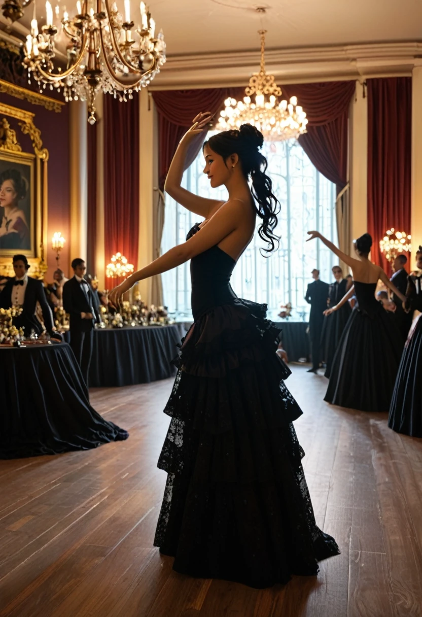 6 men 1 woman ((A group of victorian gentlemen in silhouette with their backs to the viewer watching woman on a well lit stage)) ((the woman is half-asian, asian-european, with black wavy hair, she is dancing, striping, taking off her clothes). ((the room has thin layers of smoke giving a dim, dark , gothic atmosphere)). ((The room is lavishly decorated with sumptuous furnishings like a royal manor)). ((the woman dancing is ethereal and romantic)) ((She is nude)) (Everyone in the room is watching her dance on the table, their attention fixated on her beauty.) (Her elegant victorian evening gown lies on the floor) she dances under a chandelier,  gothic romantic style, with lots of gothic details, elaborate details 