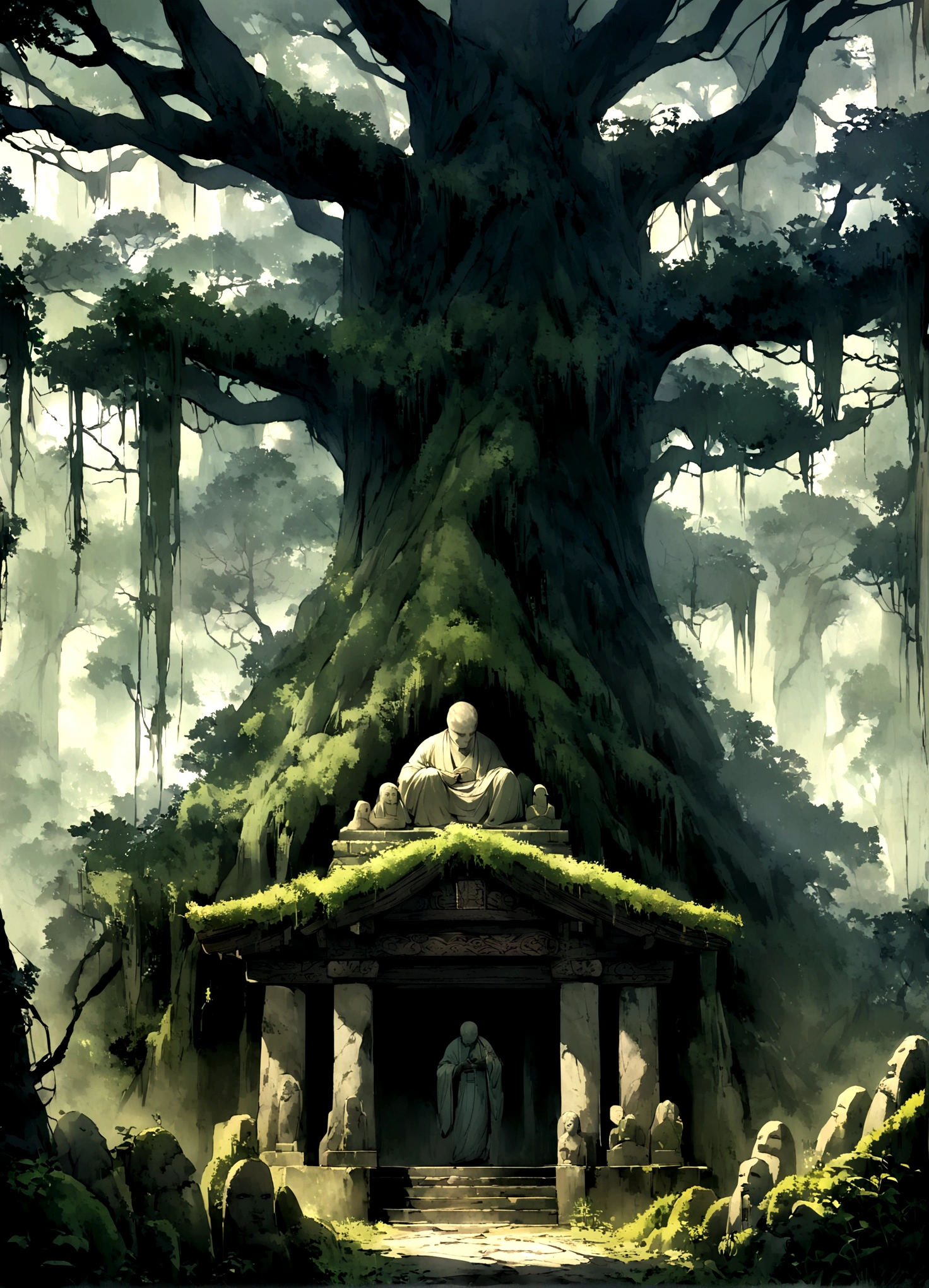 "An eerie and mystical scene of a forbidden place in Japan, hidden deep within an ancient forest. The area is shrouded in mist, with towering, gnarled trees that create a dark canopy overhead. A narrow, overgrown path leads to a secluded shrine, surrounded by dense vegetation and weathered stone statues covered in moss. The shrine is ancient, with faded, intricate carvings and tattered prayer flags fluttering in the breeze. The atmosphere is mysterious and foreboding, with a sense of ancient magic and untold secrets lingering in the air."