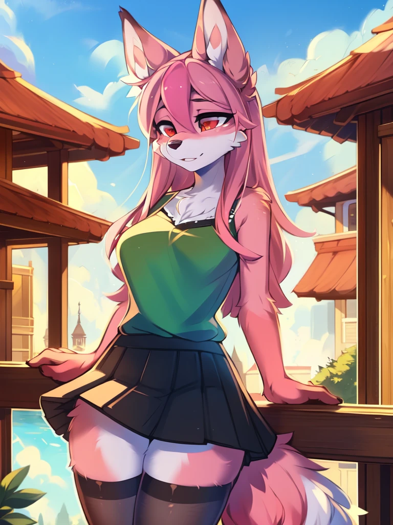 from Kenketa, Ross Tran, Ruan Jia, mumps, Foxovh, от zackary911, от Hyattlen, on a terrace, by Fumiko, от Pixelsketcher, by Bayard Wu, Thomas Benjamin Kennington, from Einshelm, from Kilina, by Coffeesoda, from Hyoshiru, from down-kevlar, от r-mk, by Dimwitdog, fluffy, Nazuna_hiwatasi, antro, Female, One, standing, mocking look, (half-closed eyes), pink hair, pink tail, (white for girls, blues skirt, high stockings), (Red eyes), olhos para trás, (enormes breasts, hips), (Fox), (hands segurando a saia), (pink body, two-tone fur),