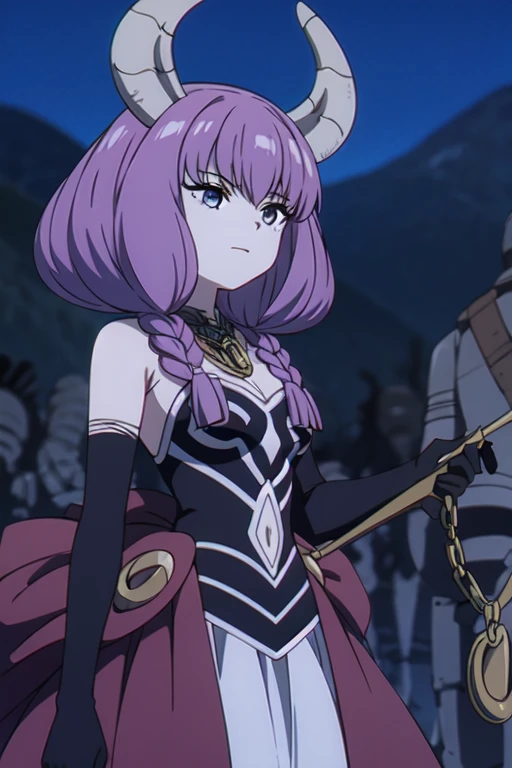 (((Best quality))),((Ultra-detailed)),((illustration)),((Disheveled hair)),((frilld)),(1 girl),
1girl , bangs , bare shoulders , black gloves , blunt bangs , braid , breasts , cape , chain , closed mouth , dress , elbow gloves , gloves , hair over shoulder , holding , holding weapon , long hair , night , purple hair , shield , solo , twin braids , twintails weapon , Libra , grey eyes ,