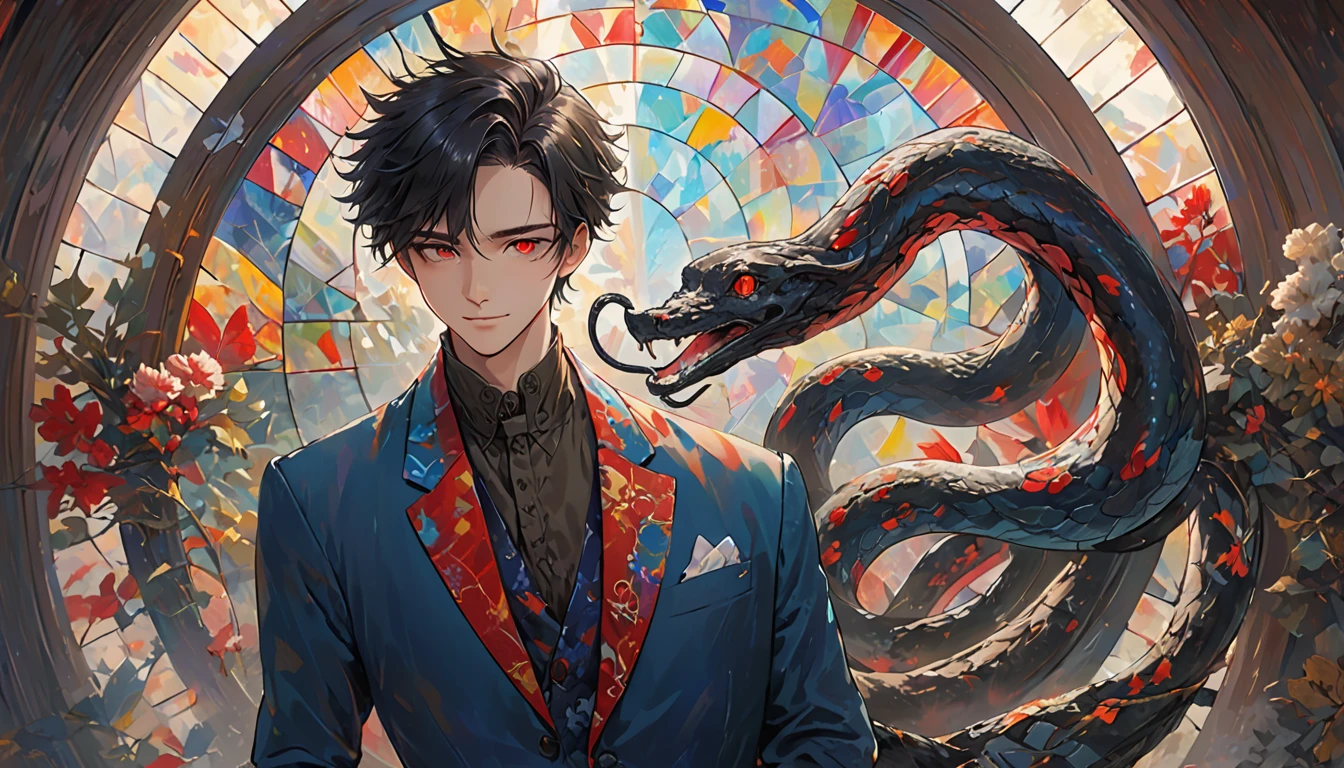 black hair, Surrealism, 8k, super detail, UHD, masterpiece, accurate, anatomically correct, textured skin, super detail, high details, high quality, award winning, best quality
"A confident, handsome young man with dark hair, slightly messy, wearing a stylish, colorful suit with a unique, intricate pattern. He has a mischievous smile and a sharp, intense gaze with one red eye. The background is a surreal, vibrant setting with abstract shapes and patterns, including coiled serpents and stained-glass elements."