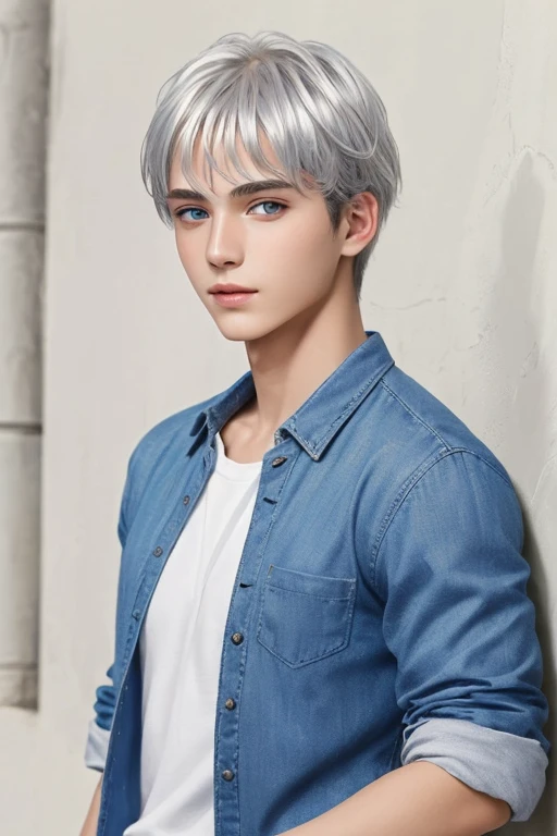 ((best quality)), ((masterpiece)), (detailed), 1boy with olive skin, silver white hair and sapphire blue eyes(in casual clothing)