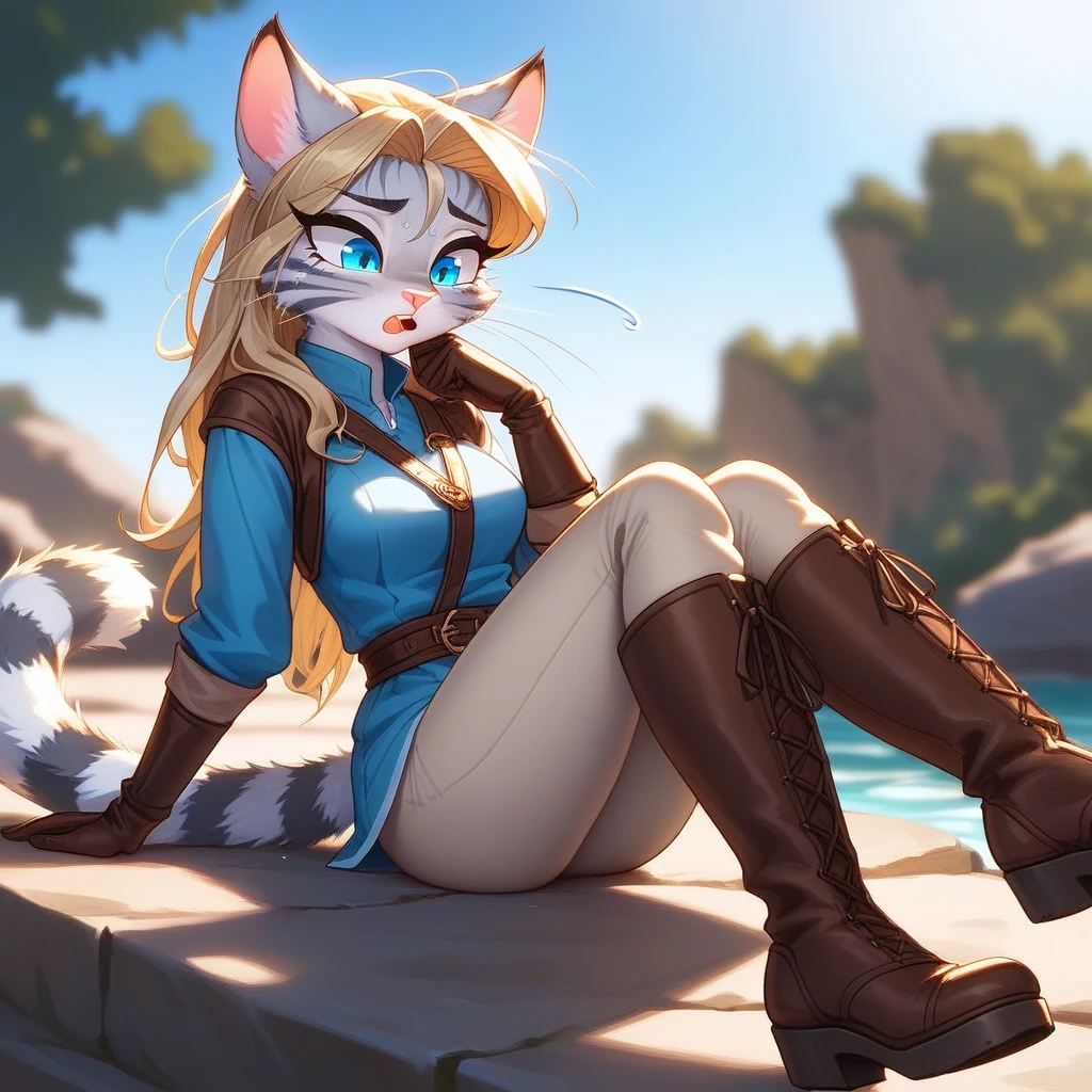 standing alone,  punctuation_9,punctuation_8_High above,punctuation_7_High above, fountain_velues, catboy, Anthro velues feline girl, body high, hourglass figure, adult  woman, blue colored eyes, silver colored skin, blonde hair with a pony tail, (striped tail), white mustaches, pink nose, wearing a simple blue long-sleeved tunic, brown leather gloves and armbands, light brown tight pants, brown boots with wedge heels, sitting on a big rock, Exhausted expression, Grieving, jaded, eyes half open, gaping mouth, visible sigh, she is sweating, simple outdoor background, warm and sunny day, 