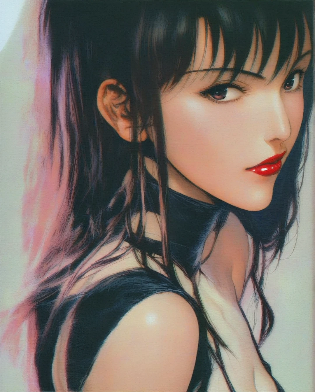 a full-body, high-resolution anime style of a rebellious teenage female goth with short curly black hair, thin face, intense red lips, gothic fashion, inspired by the works of Yoshiaki Kawajiri, vibrant and edgy, with dramatic lighting and dynamic composition, BREAK, Art style by Yoshiaki Kawajiri and Tsukasa Hojo and Toshihiro Kawamoto - -intricately detailed face - -80s and 90s anime still - -1980s retro anime - -1980s and 1990s anime retro nostalgia -highly detailed profile BREAK, ARISTYLE4, Soft Pastel -depth of field, Cinematic Angles, Dynamic angles, (((masterpiece))), perfect face, ((full body shot)),, retro atmosphere like that of Osamu Tezuka's work