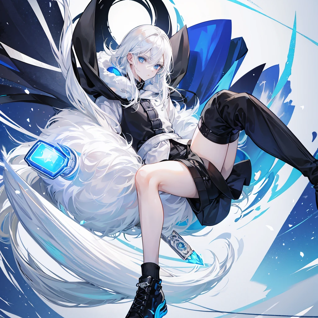 Modern style, A young male with long snow-white hair, blue eyes, and fair skin, wearing a black hood, black thigh-high shorts, white socks that go past the ankles, and black shoes with white laces.