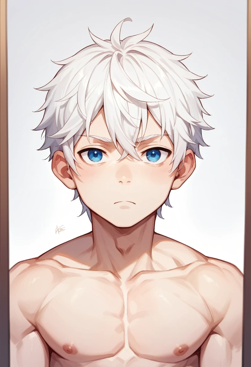 (( straight face picture )) ((best quality)), ((Masterpiece)), (details), young man, Big one, Whole body ,white hair ,My hair is very long. , blue eyes , naked ,Revealing a large penis, male body , stand facing ,See from head to knees

