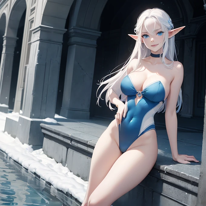 (absurdres, best high quality image, carefuly detailed features and textures, very detailed image, solo character alone, full character view): {{(1character: 25 years old half-elf princess ice girl), (pale skin, pure white medium straight hair, blue eyes with white pupils, short pointy ears, light blue lips, white eyebrows, big breasts, sexy body, confident demeanor, gentle smile, strong pose), (pale-blue strapless one-piece swimsuit), (snowy plaza)}}