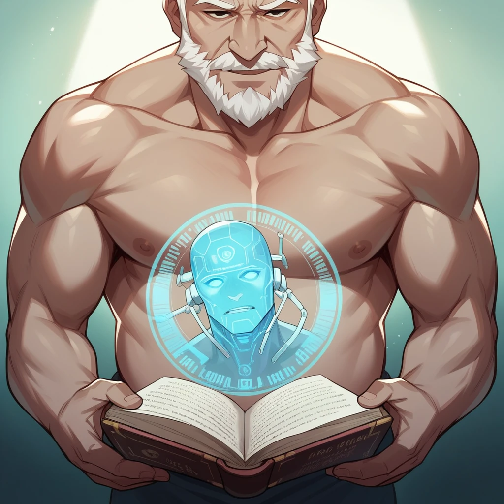 Create a high-resolution, ultra-detailed, hyper-realistic image of an old man with a long white beard reading an open book. The man should appear in the foreground, with half of his body designed like a futuristic robot, incorporating robotic elements such as metal joints and circuits. The book should be detailed and open, with bright holographic text and images. The background should be subtly blurred to keep the attention on the man and the book. Use dramatic lighting to highlight the contrast between the human and robotic elements, and include soft glows in the holographic book
