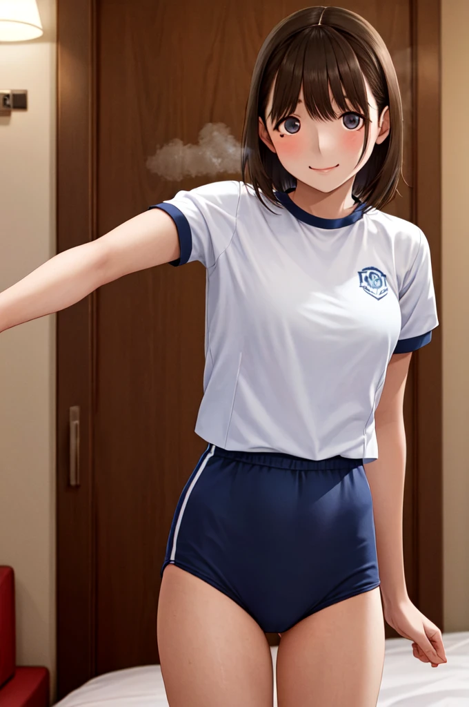 masterpiece, best quality, highres, aanene, short hair, buruma,gym uniform, standing, cowboy shot, bed room, smile,steam,