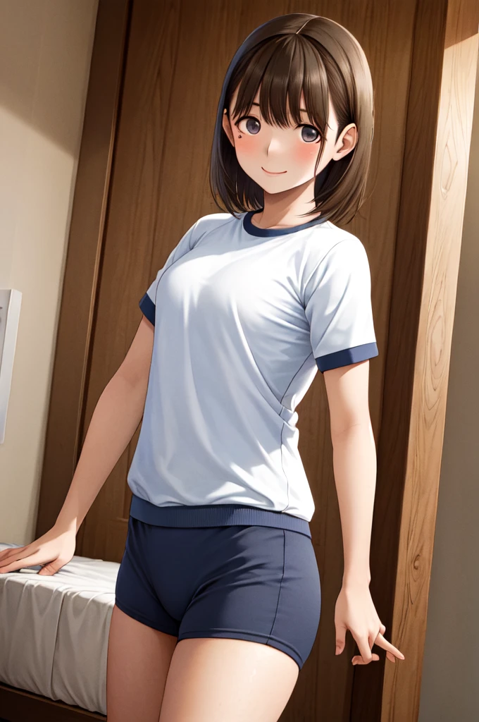 masterpiece, best quality, highres, aanene, short hair, buruma,gym uniform, standing, cowboy shot, bed room, smile,steam,