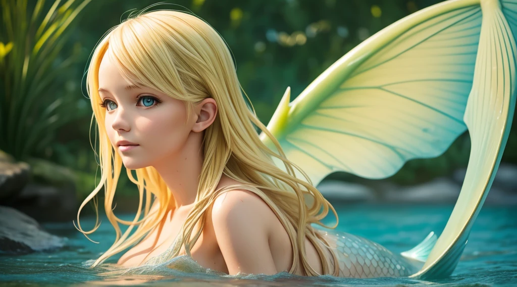 a BLONDE girl with a wet head, raining portrait, Mermaid Wings Mermaid